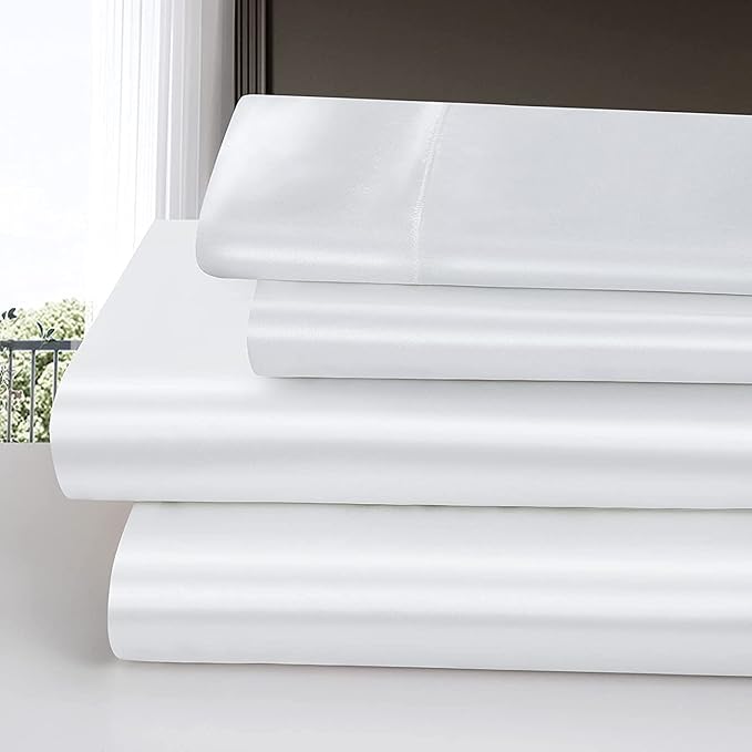 Homiest 3pcs Satin Sheets Set Luxury Silky Satin Bedding Set with Deep Pocket, 1 Fitted Sheet + 1 Flat Sheet + 1 Pillowcase (Twin XL Size, White)