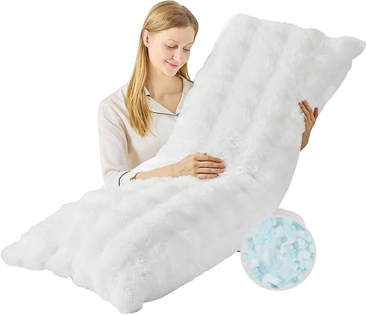 YZ HOME Faux Fur Fluffy Body Pillow for Adults - Firm Body Pillow Insert with Shredded Blue Memory Foam, Adjustable Height, Soft Support for Side Sleeping, Pregnant Women, Washable, 20x54 Inch (White)
