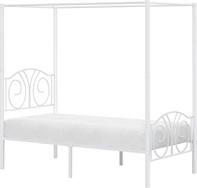 VECELO Metal Canopy Bed Frame Twin Size, 4 Posters Platform Mattress Foundation with Headboard, Heavy Duty Steel Slats Support, No Box Spring Needed, Pure White