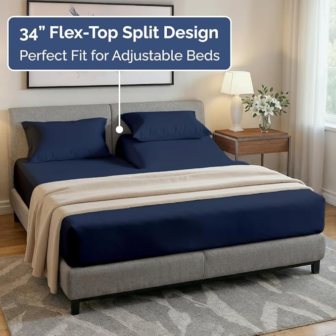 Flex Top Split Head King 4 Piece Sheet Set - Soft, Breathable & Cooling Bed Sheets Set - Hotel Luxury Bedding for Women & Men with Deep Pockets - Wrinkle Free & Fade Resistant - Oeko-Tex - Navy Blue