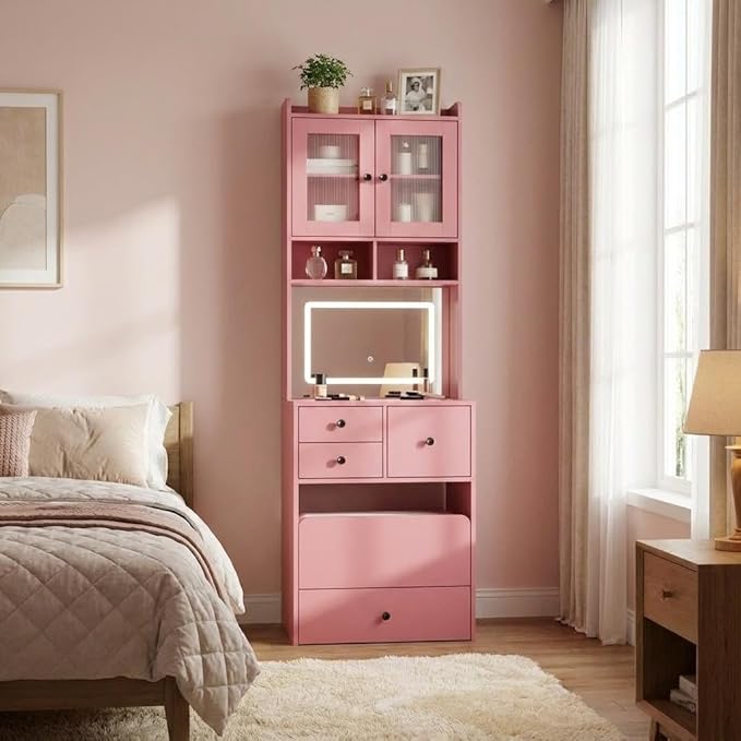 3-in-1 Make Up Vanity Desk with Mirror & Lights, Compact Vanity Table with Drawers, Storage Compartment and Rolling Stool, Modern Small Makeup Vanity and Storage Chair for Bedroom, Powder Room