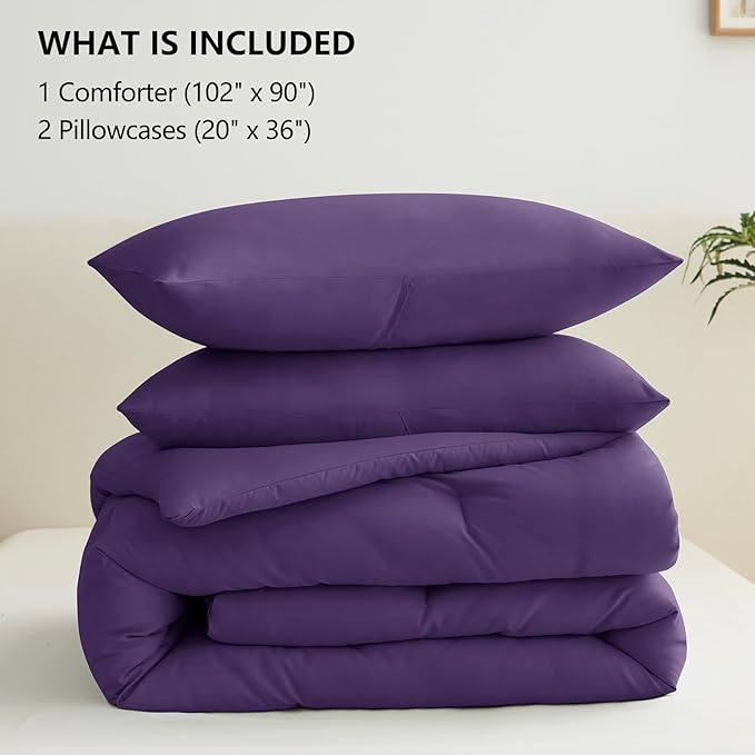 CozyLux King Size Comforter Set Purple, 3 Pieces Solid Comforters King Size Breathable Quilted Bedding Set, Luxury Soft Lightweight Bed Set with Down Alternative Comforter and 2 Pillowcases All Season