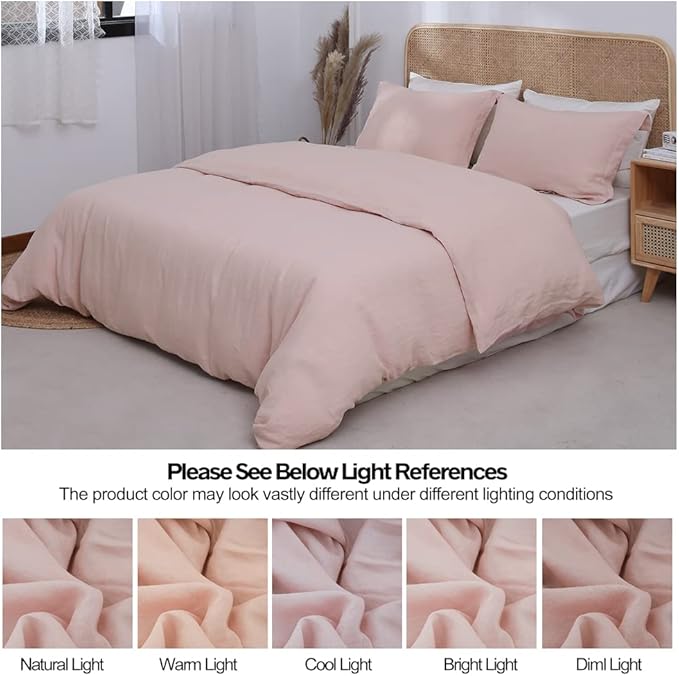 Simple&Opulence 100% Linen Duvet Cover Set 3pcs Basic Style Natural French Washed Flax Solid Color Soft Breathable Farmhouse Bedding with Button Closure - Blush Pink, Queen