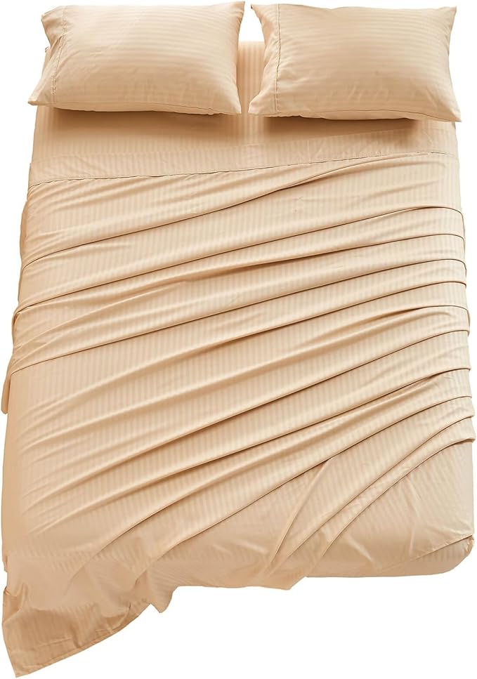 Kingnex Striped Sofa Bed Sheets Queen for Sleeper Sofa Bed Soft Double Brushed 4 Piece Bedding Pillowcase Set (60"x74"x6") Beige