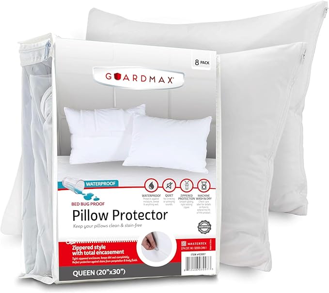 Guardmax Jersey Knitted Pillow Protector with Zipper Queen Size - 8 Pack - 100% Waterproof, Bed Bug Proof, Dust Mite Proof, & Hypoallergenic Pillow Covers - Premium Zippered Pillow Cases. (20 X 30)