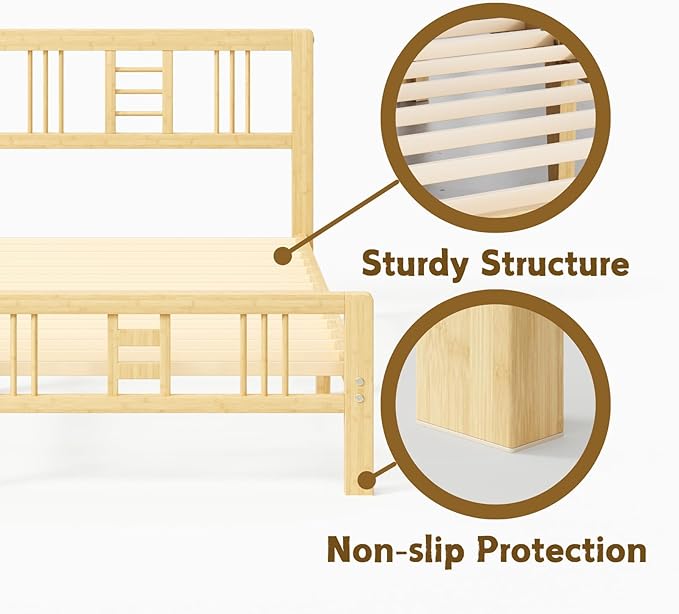 14 Inch High Bamboo Twin Bed Frame with Headboard and Footboard, Wood Bed Frame Twin Metal Slat Support Heavy Duty, No Box Spring Needed, Easy Assembly, Noise Free, Reinforced