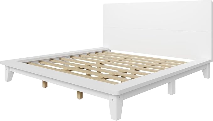 Mid-Century King Size Wooden Bed Frames, Pine Wood Japanese Low Platform Bed with White Headboard, 7 inch Low Under Bed Storage, 800 lbs Capacity, No Box Springs Required (White, King, 35.4" H)
