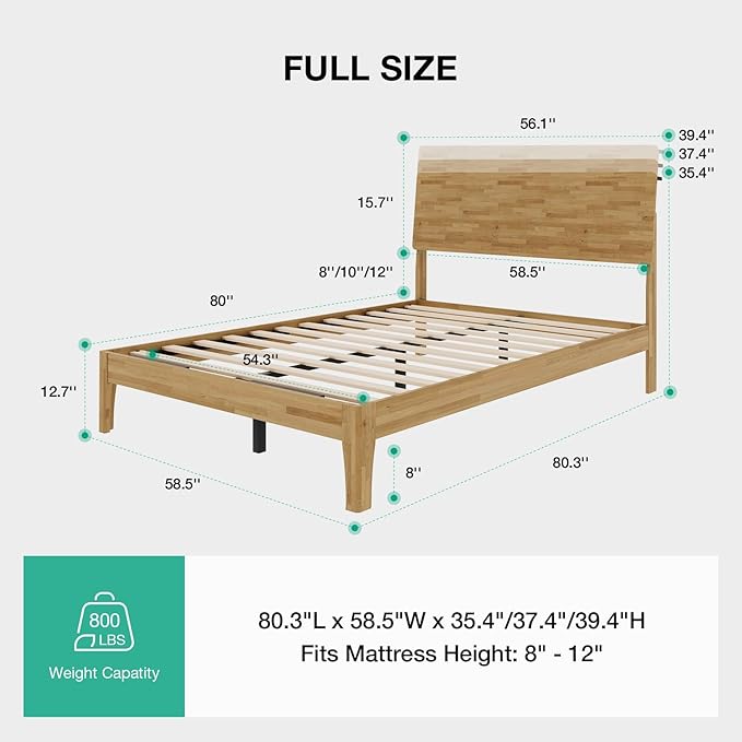 Novilla Full Size Bed Frame with 3-Level Adjustable Storage Headboard, Solid Wood Platform Bed Frame with Slats, No Box Spring Needed, Noise Free, Natural Finish for Master Bedroom and Guest Room
