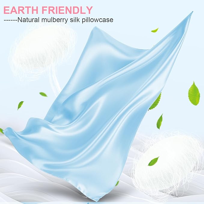 Silk Pillow Cases Standard Size with Hidden Zipper, Mulberry Silk Pillowcase for Hair and Skin, Smooth and Soft Breathable Cooling Silk Satin Pillow Covers for Sleeping, Gifts for Women, Sky Blue
