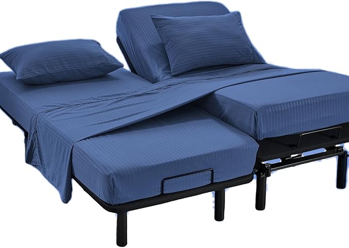 Kingnex Striped Split Queen Sheets for Adjustable Bed Soft 1800 Brushed Microfiber 5 Pieces Set Includes 2 30x80 Fitted Sheets with 14 Max Deep 1 Flat Sheet 2 Queen Size Pillowcases Navy