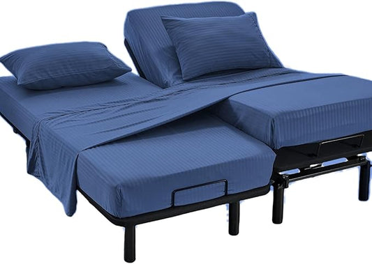 Kingnex Striped Split Queen Sheets for Adjustable Bed Soft 1800 Brushed Microfiber 5 Pieces Set Includes 2 30x80 Fitted Sheets with 14 Max Deep 1 Flat Sheet 2 Queen Size Pillowcases Navy