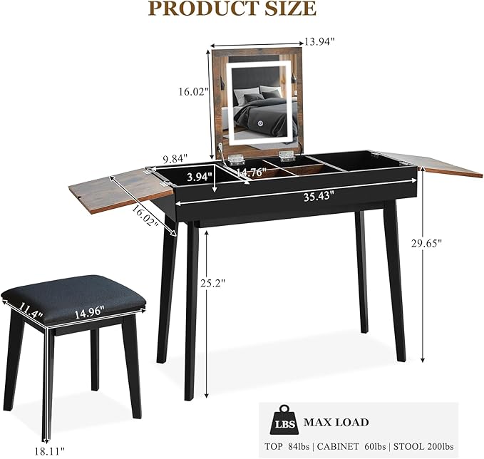 Vanity Desk, Flip Top Makeup Vanity Table with Power Outlet, Makeup Vanity Desk with Mirror & LED Light, Rustic Vanity Set with Cushioning Stool, Vintage Vanity for Bedroom, Black Brown