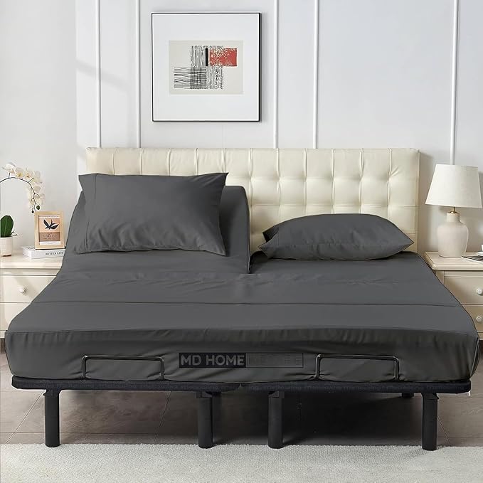 Flex Top King Sheets for Sleep Number Bed,100% Egyptian Cotton- 400 TC Split Top King Sheets for Sleep Number Bed ,4 Pcs Flex Head King 32" Top Split Sheets to fit Upto 16" Mattress ,Dark Grey Solid