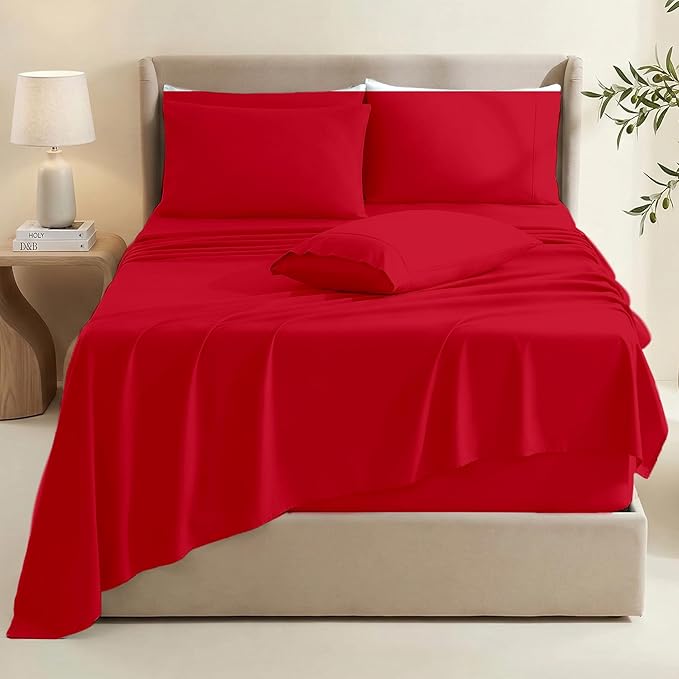 Hearth & Harbor Extra Deep Pocket King Size Sets - Fits Mattress 18-24 Inches Deep - Extra Deep Pocket Sheets - 6 Piece King Size - Cherry Red