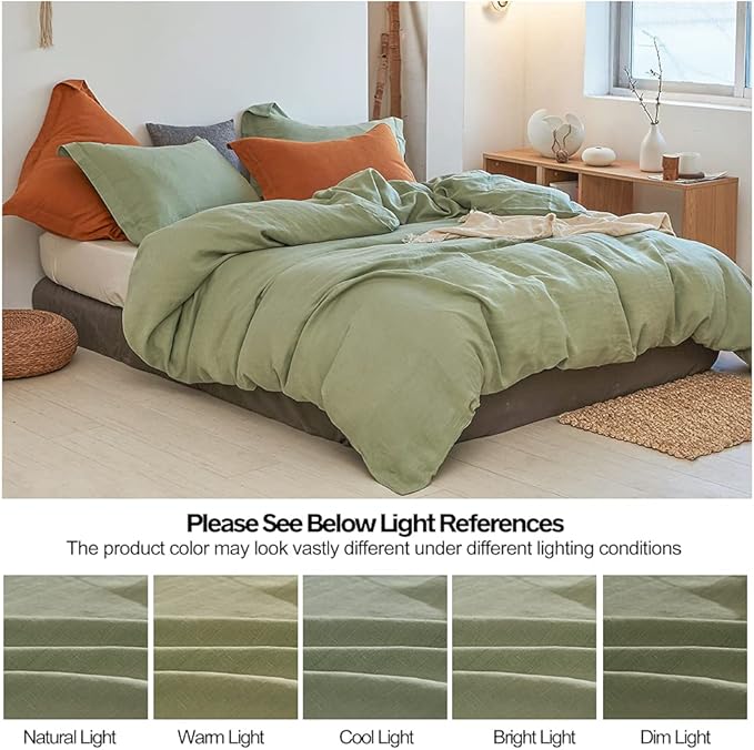 Simple&Opulence 100% Linen Duvet Cover Set 3pcs Basic Style Natural French Washed Flax Solid Color Soft Breathable Farmhouse Bedding with Button Closure - Sage Green, King