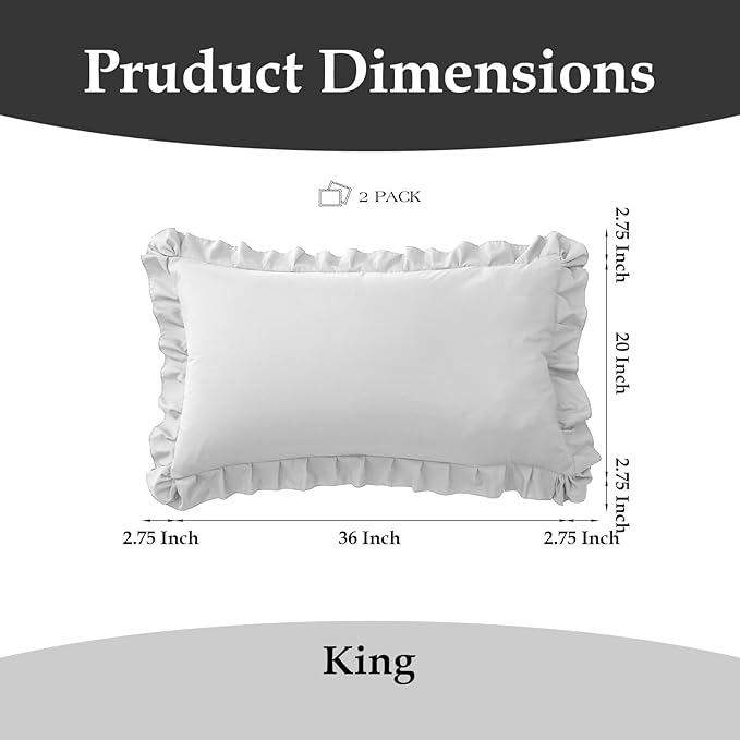 Ruffle Pillow Cases King Size Set of 2 – Soft Wrinkle Resistant Brushed Microfiber Ruffled Pillowcases –Envelope Pillow Shams Cover Festive Gift for Hotels, Guest Rooms 20x36 Inch (White)