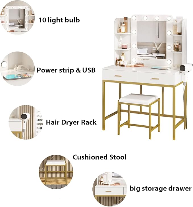 Vabches Vanity Desk with Mirror and 10 Led Lights, with Charging Station,Makeup Vanity Table Set with Lighted Mirror, with 3 Lighting Modes and 2 Drawers&Cushioned Stool for Bedroom