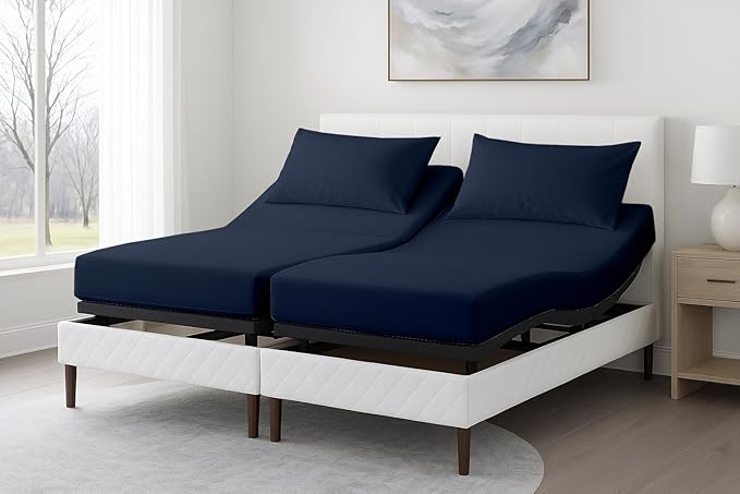 5 Piece Split Cal King Sheet Set, 100% Egyptian Cotton, 16 Inch Deep Pockets, Navy Blue Solid, Soft Cooling Sheets for Adjustable Beds, Sleep Number Beds, Split Cal King Mattress Sheet Set