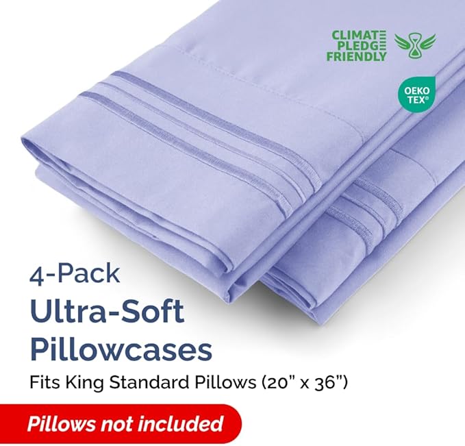 King Standard Pillow Cases Set of 4 - Soft Hotel Quality Pillowcase Covers - Comfy Bedding for Women, Men, Kids & Teens - Machine Washable Pillow Protectors - 4 Piece Set - King Standard Size Lavender