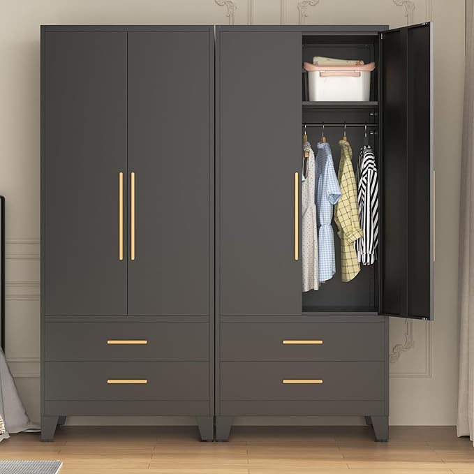 75.3" Tall Metal Wardrobe Closet - Large Clothing Storage Cabinet with 1 Hanging Rod, 1 Adjustable Shelve, 2 Drawers & 2 Doors - Closet Organizer for Bedroom, Office, Laundry Room, Garage - Black
