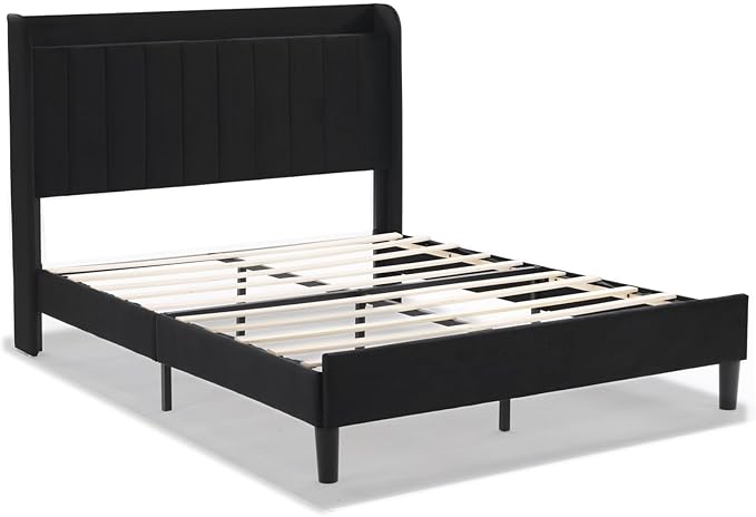 VINGLI Upholstered Platform Bed Queen Panel Bed Frame with Headboard, Wingback Storage Bed Queen with Charging Station, Velvet Black