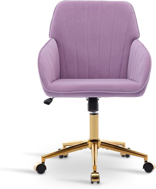 Velvet Vanity Chair with Wheels, Height Adjustable Swivel Makeup Chair, Armless Small Desk Chair for Bedroom/Office/Vanity Table, 250 lbs Capacity (Velvet, Lilac-2)
