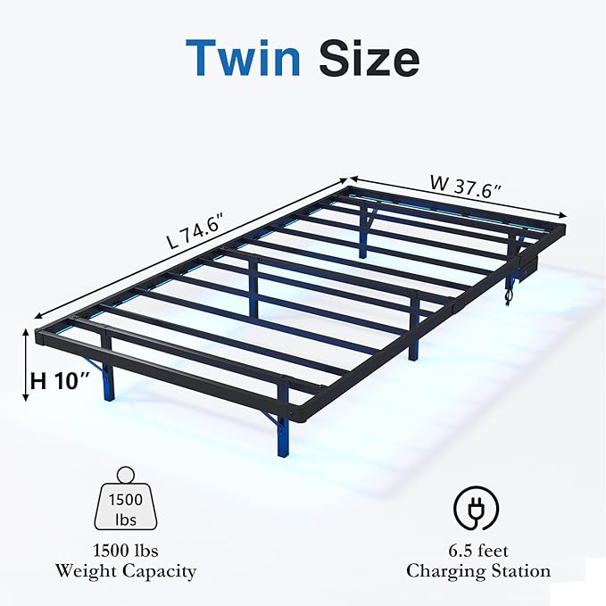 HAVONIZD Floating Bed Frame Twin with LED Lights and Charging Station - 10 inch Platform Bed Frame No Box Spring Needed, Easy Assembly