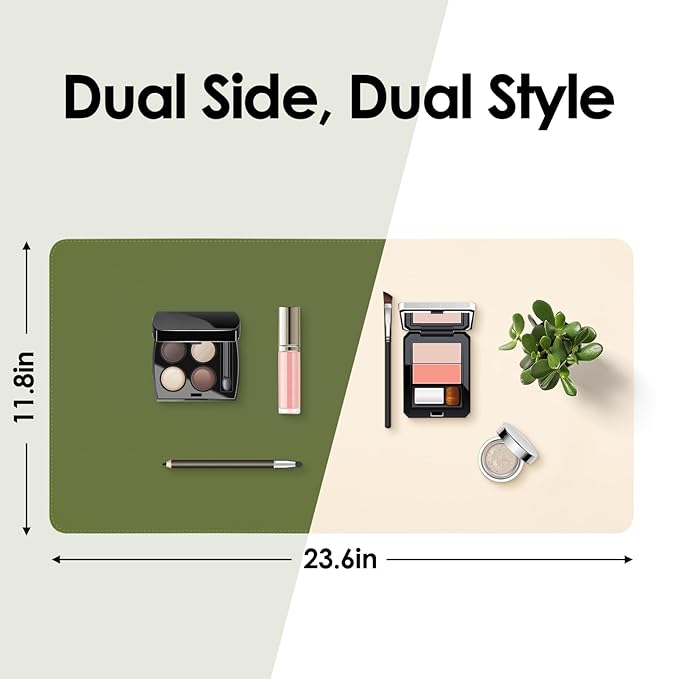 Makeup Mat for Vanity to Protect Desk Top 23.6 x 11.8 in, Dual-Sided Makeup Mat, Easy to Clean Desk Pad - Waterproof and Oilproof Vanity Accessories (Beige and Olive Green)