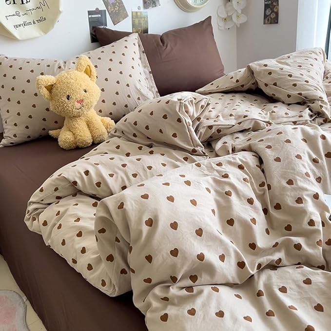 Nayoroom Brown Heart Duvet Cover Full Size Vintage Hearts Printed on Taupe Duvet Cover Kids Girls 3 Pieces Soft Microfiber Farmhouse Bedding Set with Zipper Closure