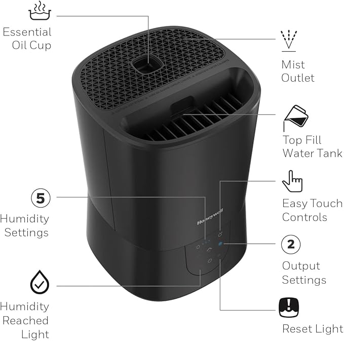 Honeywell Easy-to-Care Filter Free Warm Mist Humidifier, Medium Rooms, 1.5 Gallon Tank – Humidistat for Bedroom, Home or Office Black