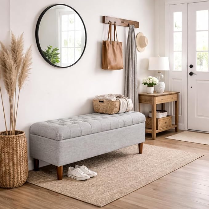Homepop Home Decor | Tufted Ainsley Button Storage Ottoman Bench with Hinged Lid | Ottoman Bench with Storage for Living Room & Bedroom,Gray Woven