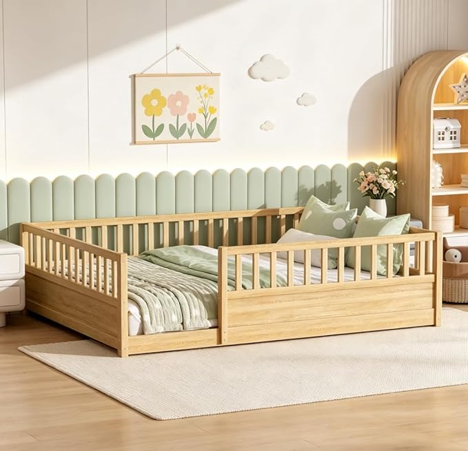 Bellemave Queen Floor Bed with high Fence, Solid Pine Wood Montessori Bed for Kids Girls Boys Floor Bed Frame, Natural with slats