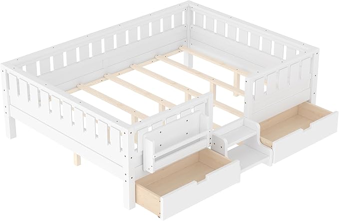 Bellemave Queen Size Kids Montessori Bed with Stairs and Bookshelf,Solid Wood Queen Size Kids Bed Frame with Drawers and Storage for Girls Boys,Low-Profile,White