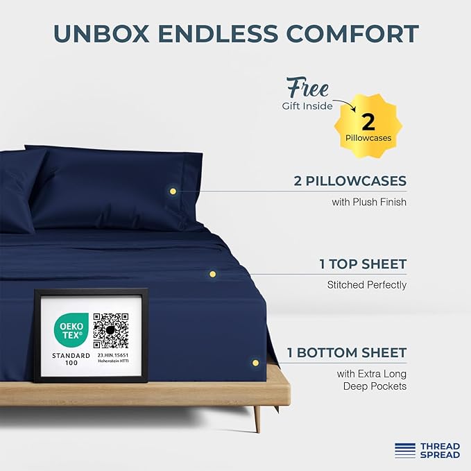 THREAD SPREAD 100% Egyptian Cotton King Size Sheets Set - Luxury 1500 Series Egyptian Cotton Sheets King Size (4 PC, Navy Blue), Silky Soft, Sateen Weave, Cooling & Breathable, 17" Deep Pocket Bed Set