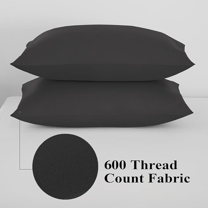 100% Egyptian Cotton Pillow Protectors Set of 2, 600 Thread Count Queen Size Bed Pillow Cases with Zipper, Sateen Weave Cooling Pillow Cases Quiet and Breathable Easy Care (2PCS, Queen, Black)
