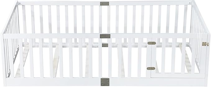 Bellemave Twin Size Montessori Floor Bed with 21.5" High Rails, Rubber Wood Twin Floor Bed with Slats and Door, White