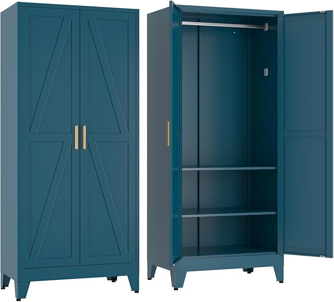 COFaR 71'' Metal Armoire Wardrobe Closet, Steel Wardrobe Cabinet with Adjustable Hanging Rod and Shelves, 2 Doors Farmhouse Closet Storage for Bedroom Garage Office, Peacock Blue