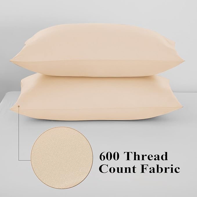 100% Egyptian Cotton Pillow Protectors Set of 4, 600 Thread Count Queen Size Bed Pillow Cases with Zipper, Sateen Weave Cooling Pillow Cases Quiet and Breathable Easy Care (4PCS, Beige)