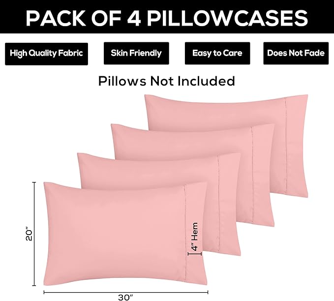Utopia Bedding Queen Pillow Cases - 4 Pack - Envelope Closure - Soft Brushed Microfiber Fabric - Shrinkage and Fade Resistant Pillow Covers Queen Size 20 X 30 Inches (Queen, Pink)