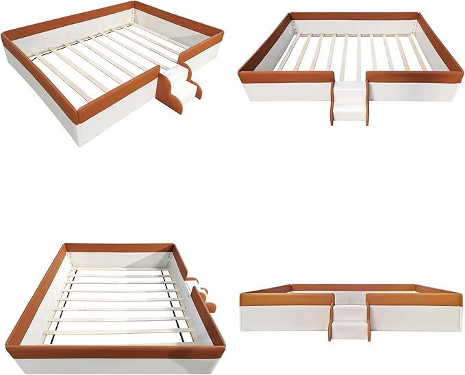 Merax Queen Size Upholstered Kids Daybed Frame with Fence and Stairs, Wood Bed for Living Room, Floor Bed, White+Brown