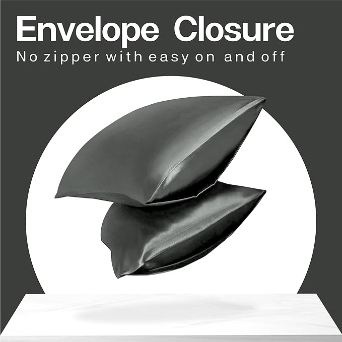 MR&HM Satin Pillowcase for Hair and Skin, Silk Satin Pillowcase 2 Pack, Standard Size Pillow Cases Set of 2, Silky Pillow Cover with Envelope Closure (20x26, Dark Grey)
