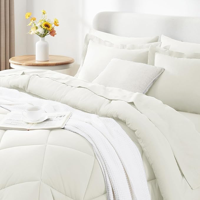 CozyLux Twin XL Comforter Set Ivory - 5 Pieces Twin Extra Long Bed in a Bag for College Dorm, All Season Bedding Set for Girls and Boys, Soft Bed Set with Comforter, Sheets, Pillowcase & Sham