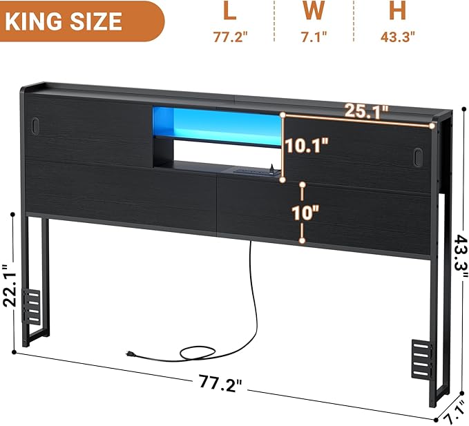 Homieasy King Storage Headboard with Sliding Doors, Bookcase Headboard with Charging Station & Smart LED Light, Headboard Only for King Bed, Wood Headboards with Bookshelf