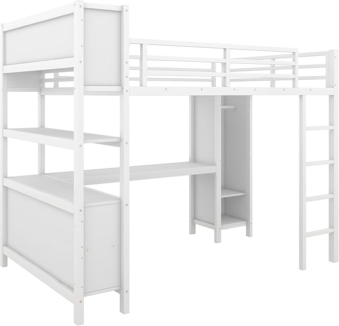 Full Size Loft Bed with L Shaped Desk, Wardrobe and Storage Shelves, Metal Heavy Duty Loft Bed Frames with Ladder and Guardrails for Kids, Teens, Juniors, Space Saving (White, Full)