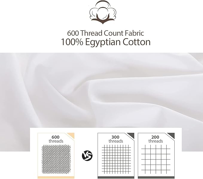 100% Egyptian Cotton Bed Pillow Protectors Set of 4, 600 Thread Count Queen Size Pillow Cases with Zipper, Sateen Weave Cooling Cases Quiet, Breathable, Easy Care (4PCS, Queen, White)