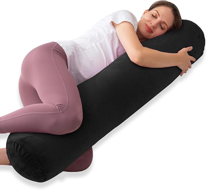 1 MIDDLE ONE Round Body Pillow for Adults, Long Bolster Pillow for Bed with Removable Velvet Cover, Decorative Tube Roll Cylinder Pillow, 47 x 7.87 Inch, Black