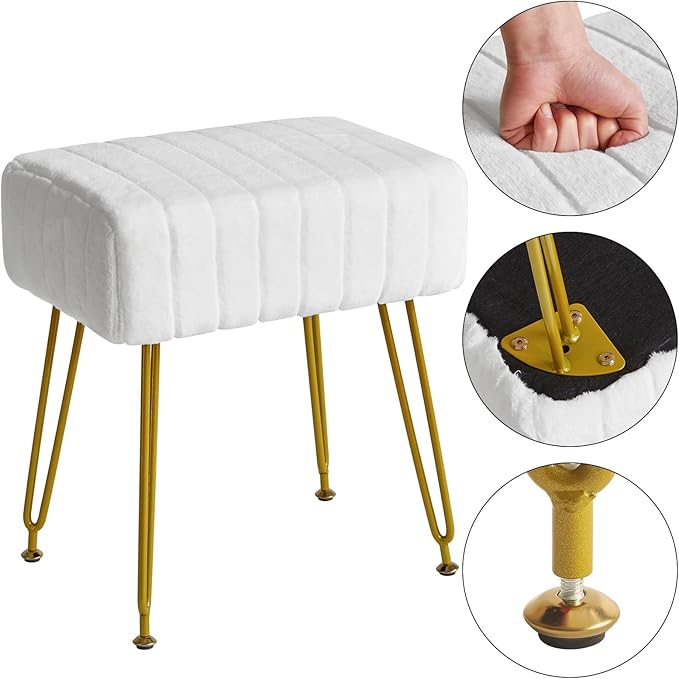 IBUYKE Velvet Rectangular Footrest Stool Ottoman, Makeup Vanity Stool Side Table, Velvet Dressing Table Seat, Pouf Couch Stool, Golden Steel Legs, White LG-51W