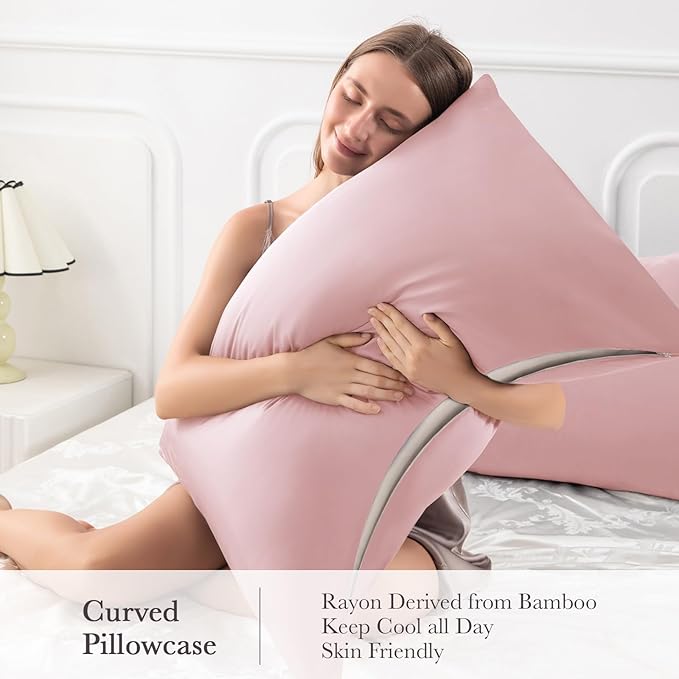 Curved Pillow Case King Size, Side Sleeper Pillow Cases Cover Cooling Rayon Derived from Bamboo with Zipper for hot Sleepers Hair and Skin, Breathable Silky Soft Pillowcase 1 Pack 20 * 36 Inches