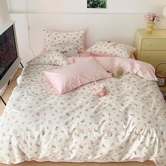 Nayoroom Pink Floral Duvet Cover Queen Size Reversible Green Botanical Leaf Printed on White Spring Comforter Cover 3Pcs Soft Microfiber Aesthetic Cottagecore Bedding Set Gift for Women Girls