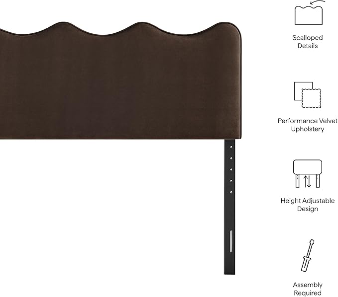Monday Athena Full Size Performance Velvet Adjustable Headboard in Chocolate Brown - with Scalloped Wave Design and Stain-Resistant Velvet Upholstery